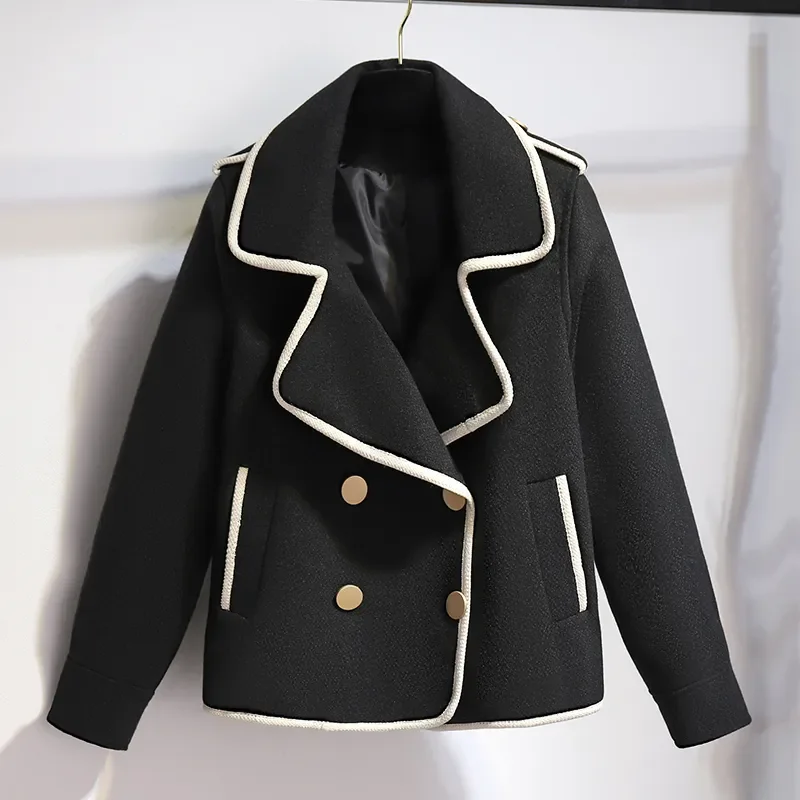 Autumn Winter Short Woolen Coat Women 2023 New Fashion Suit Jacket Turndown Collar Tops Pure Colour Black 3XL Outerwear Female