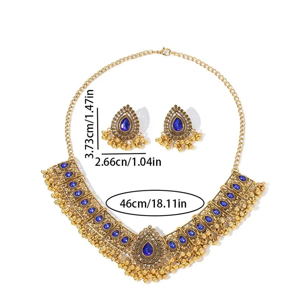 エスニックスタイル中空タッセルジュエリーセットラインストーン象嵌模造真珠ネックレスイヤリングセットウォータードロップペンダント