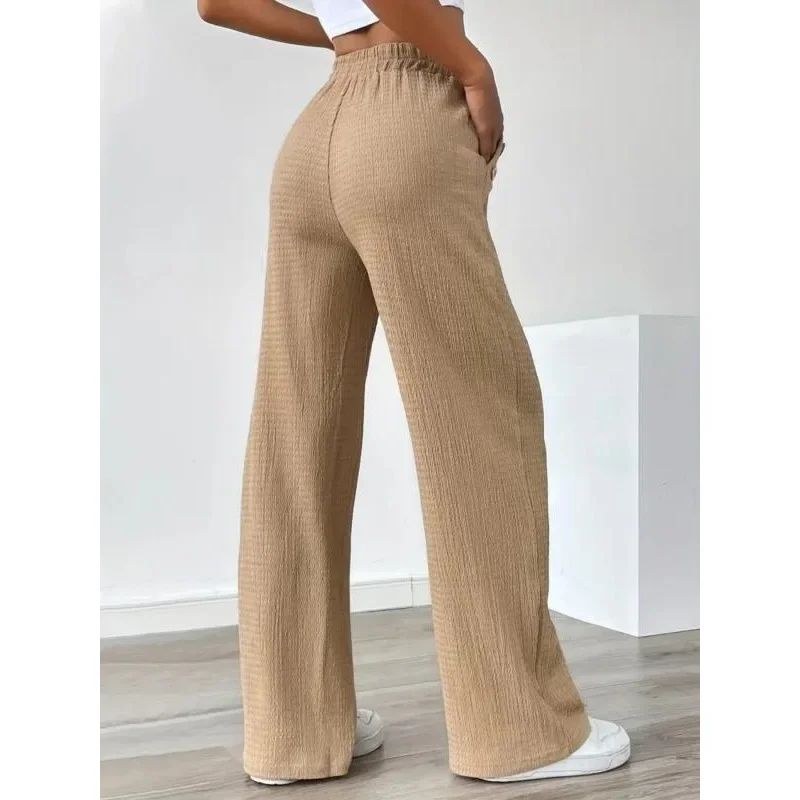 Plus size nieuwe damesmode stropdas elastische taille broek effen casual losse rechte wijde pijpen broek