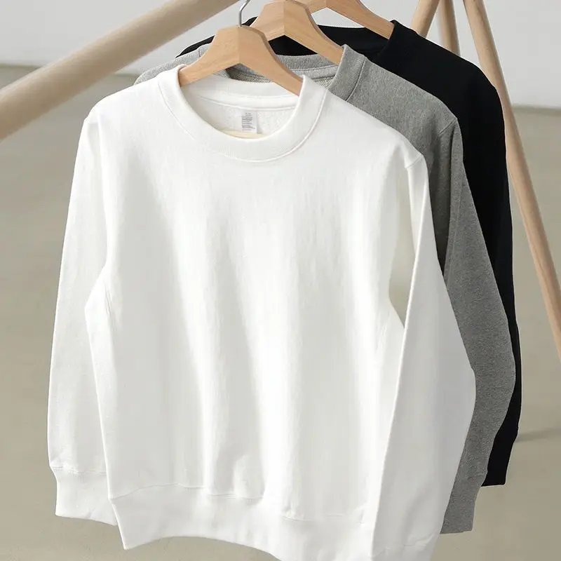 380G Cotton Loop Pullover Sweater Vintage Solid Color Sports Loose Round Neck Shirt Spring and Autumn Women