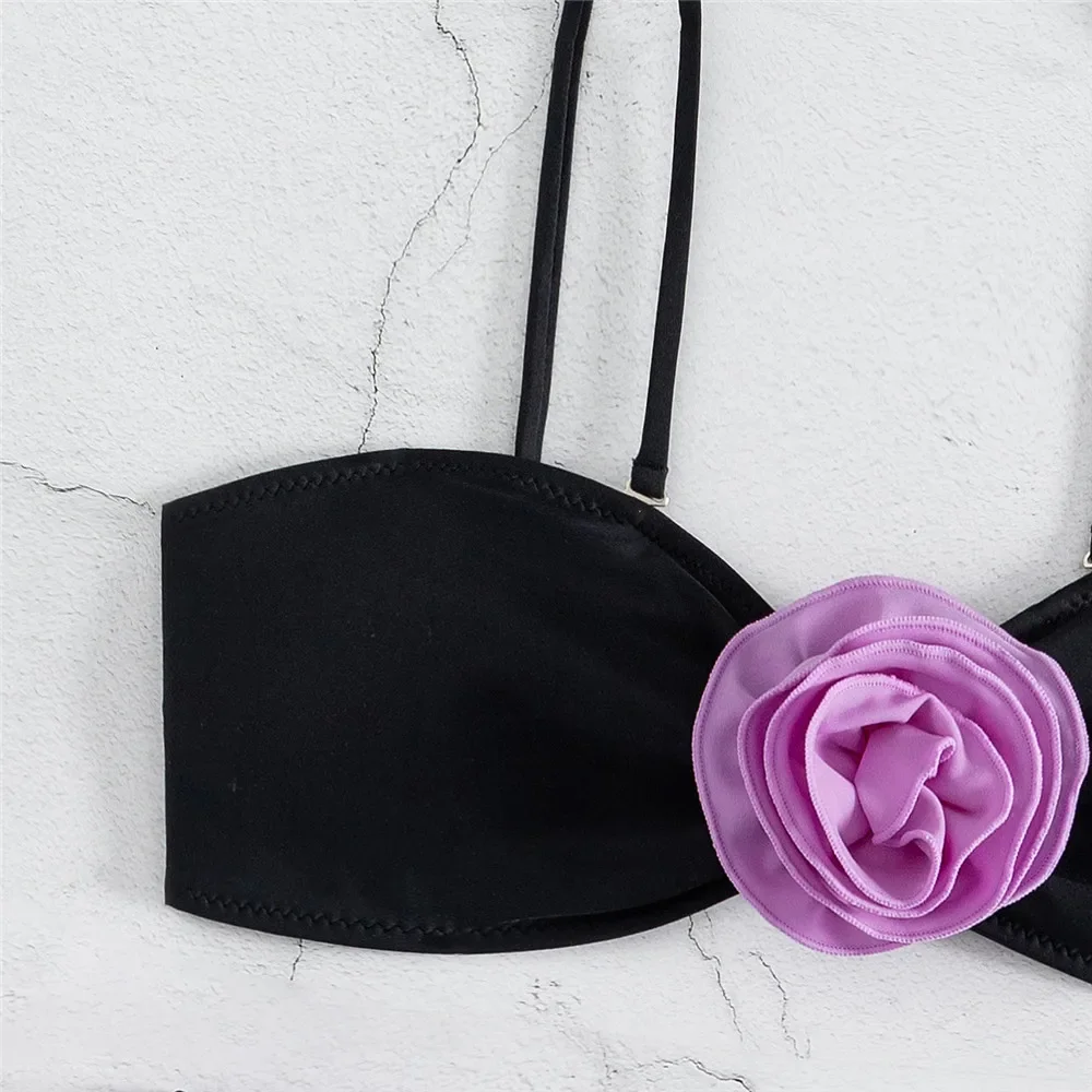Viola 3D Fiore Bikini a fascia 2025 Costume da bagno sexy Donna Costumi da bagno neri Taglio alto Costume da bagno Costumi da bagno Bikini Set Mujer