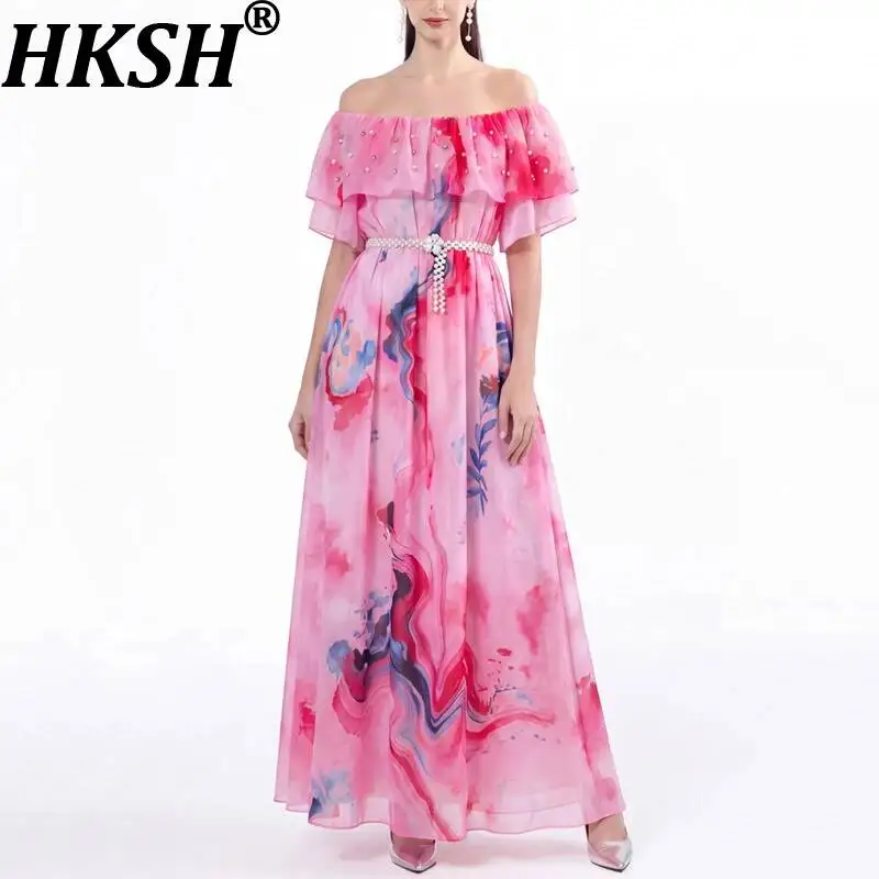 

Женское повседневное длинное платье HKSH с открытыми плечами, короткими рукавами, плиссировкой, бисером и принтом, приталенное, элегантное, летнее HK22727