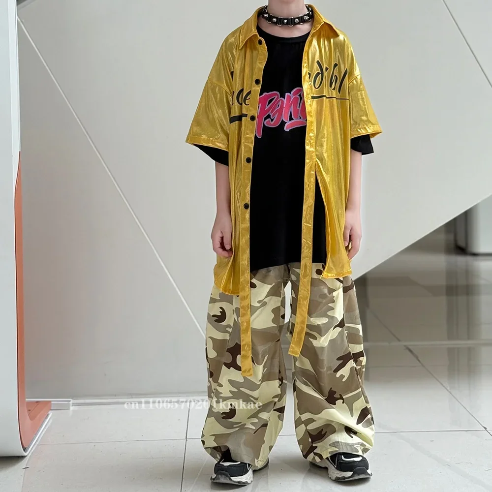 Boys Girls Hip Hop Street Dance Costume Set Bright Shiny Shirt Camouflage Pants Kids K pop Jazz Streetwear Performance Outfit