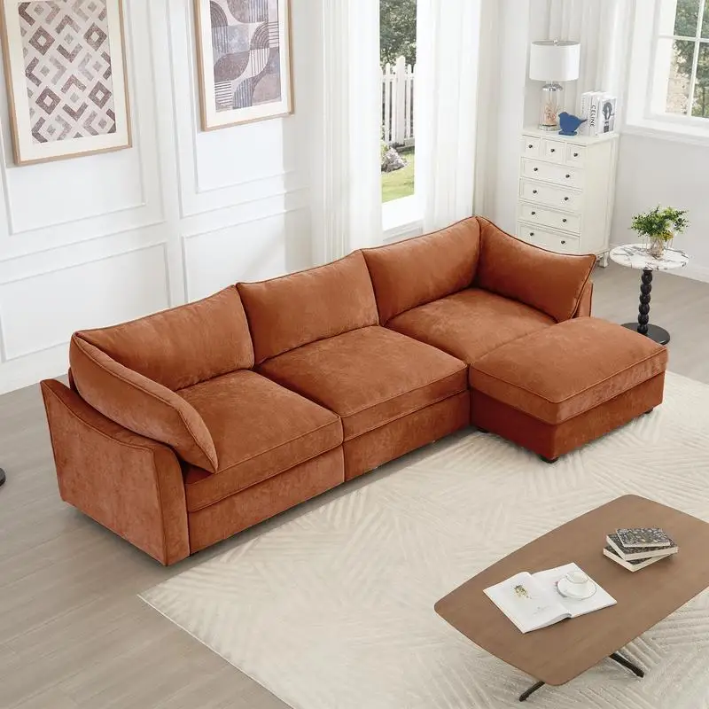 L-Shaped 3-Seater Sectional Sofa Couch with Movable Ottoman, Crescent-Shaped Armrests, Wraparound Back & Armrest Cushions, Soft
