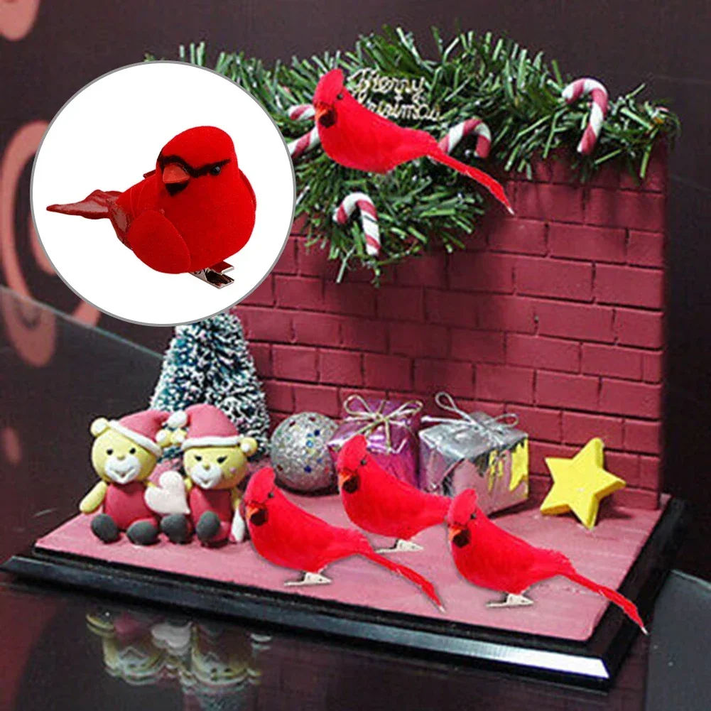 Figuras de pájaros rojos artificiales, Cardinales con Clip, pájaros emplumados, adornos navideños, decoraciones para árboles, suministros de Navidad, 10 Uds.