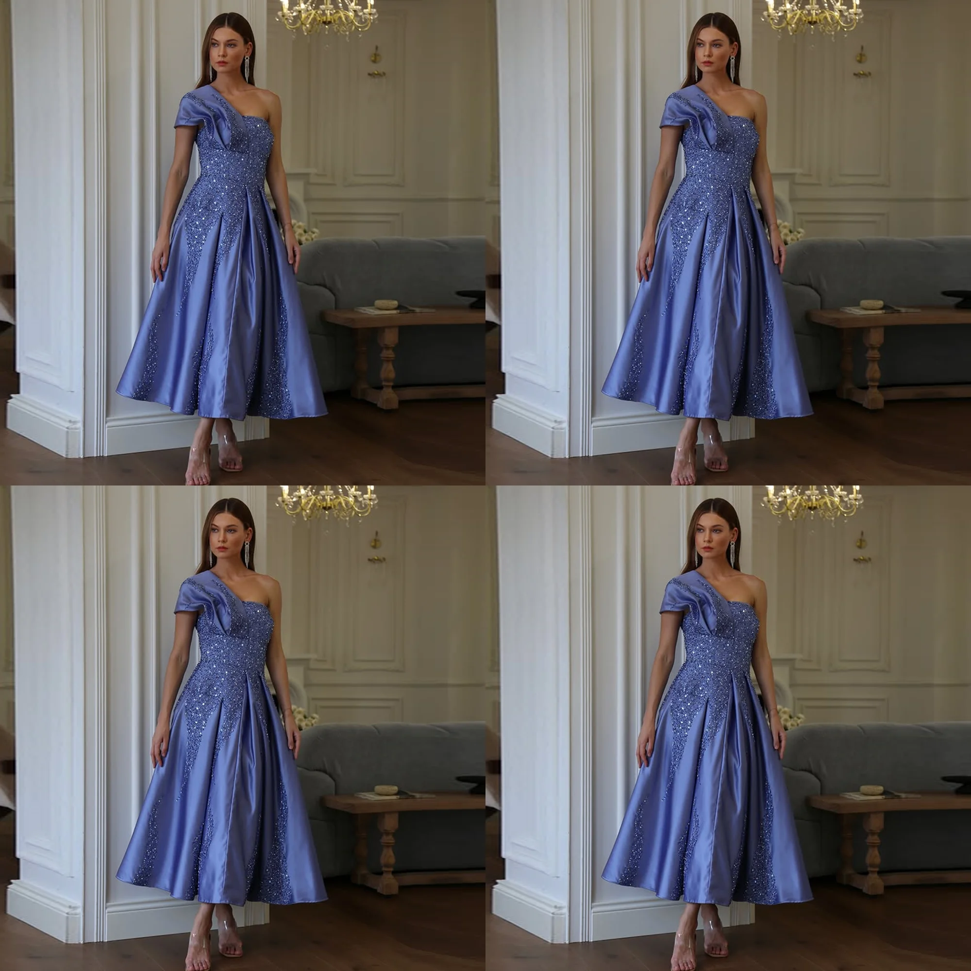 

Women's One Shoulder Satin Pleated A-line Evening Party Dress Sparkly Backless Beaded Tea Length Prom Gown Custom Made