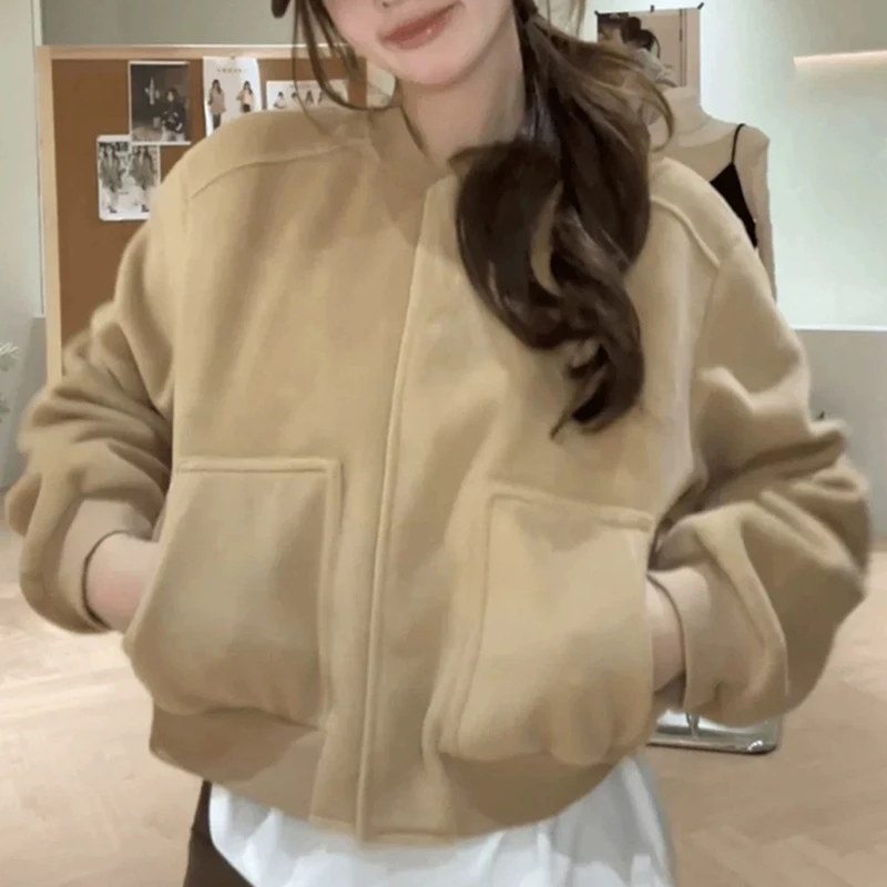 Autumn Tweed Jackets Women Casual Loose Solid All Match Baseball Jacket Streetwear Fall Long Sleeve Office Lady Simple Outwear