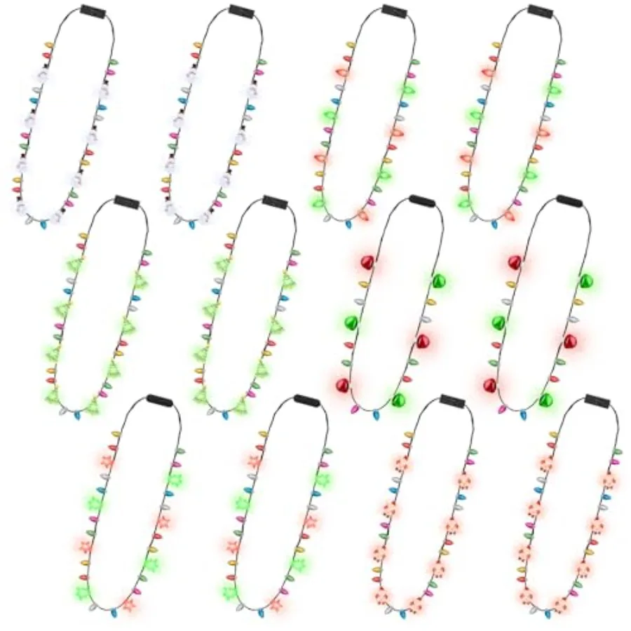 

12 Pack Christmas Necklace Lights 6 Styles LED Glowing Bulbs Christmas Lights Necklace with 3 Modes Light Up Xmas Favors Fun Xm