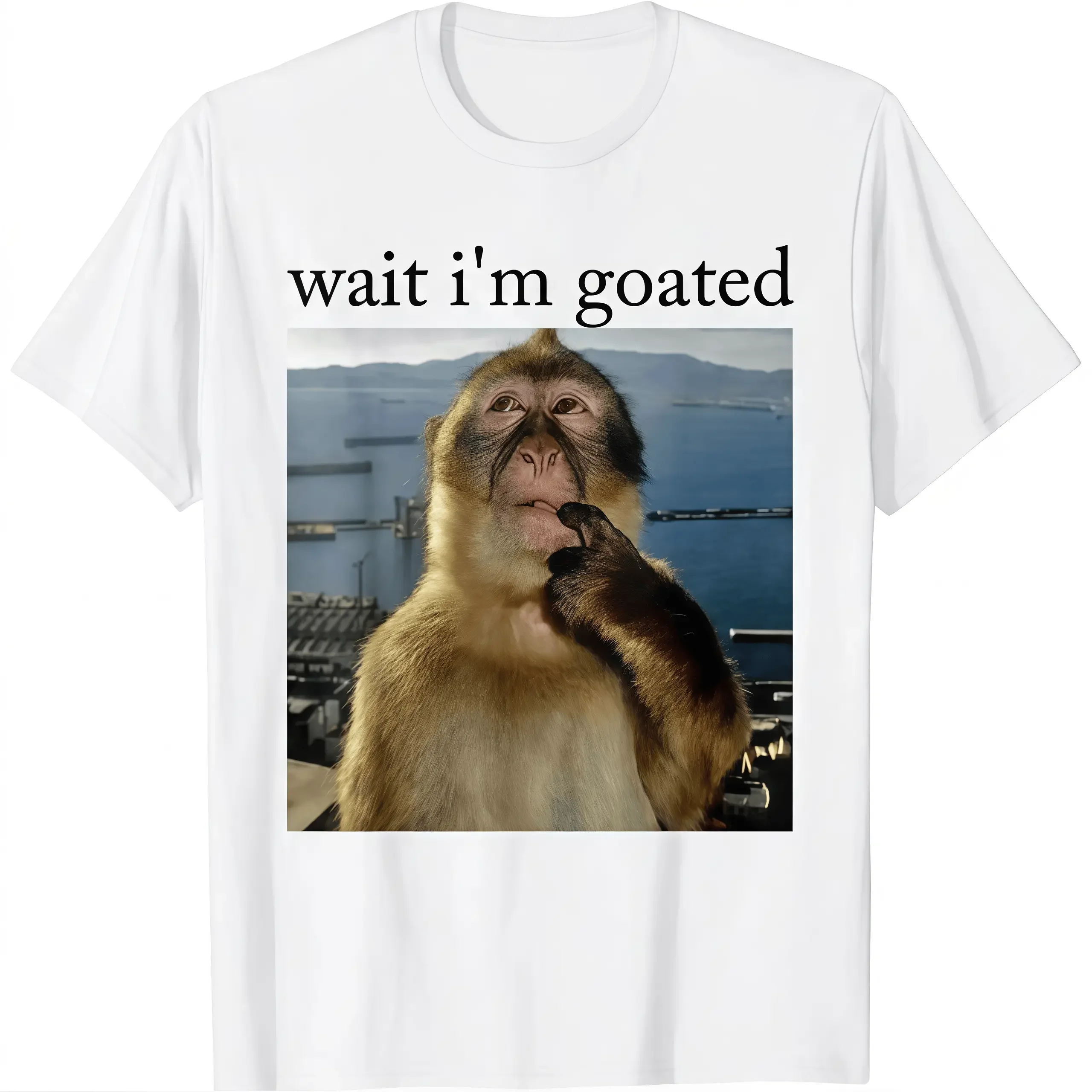 100% Cotton Wait I'm Goated Funny Thinking Monkey Meme Brainrot Gift T-Shirt Casual Menswear Crew Neck Graphic Print Shirt Top Womenswear Tshirt Stylish Short Sleeves Tee