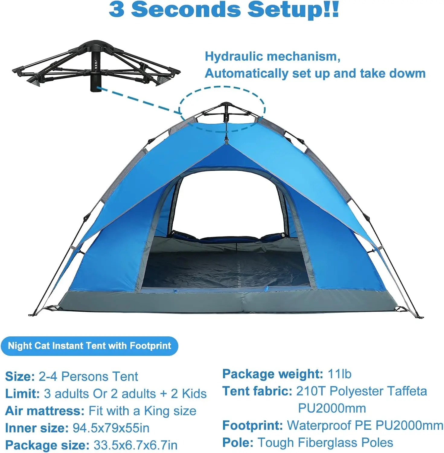 Instant Popup Tents 2-3 Persons with Footprint Tarp Easy Setup Camping Tent with Rainfly Double Layers Waterproof Auto