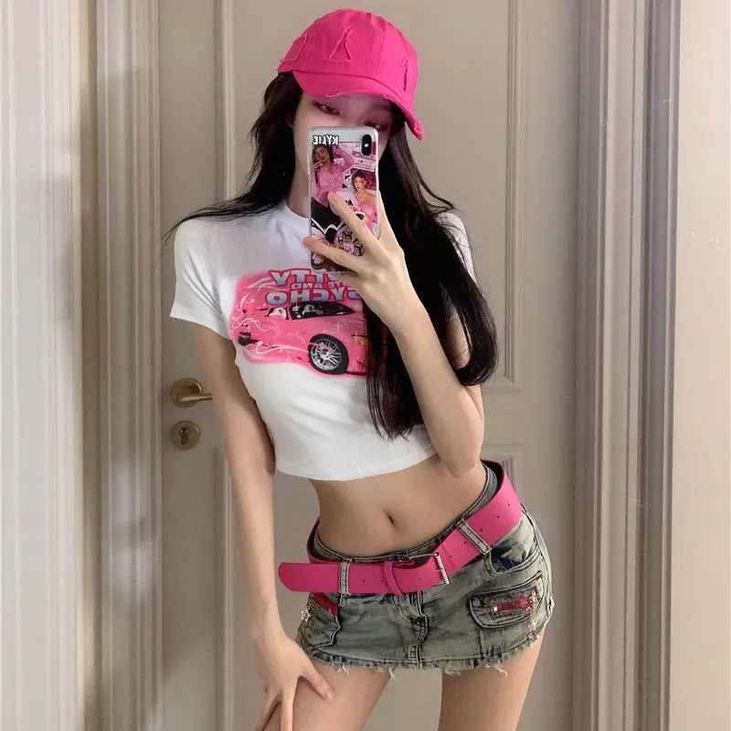 Y2K Summer New Round Neck Pullover Short sleeved Letter Printed Open Navel Sexy Women's Top T-shirt