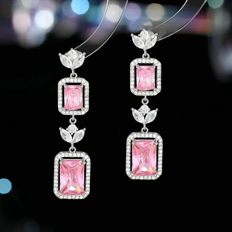 S925 Silver Needle Light Luxury Fashion High Grade Earrings Sparkling Rectangular Zircon Inlaid Dress Bridal Earrings