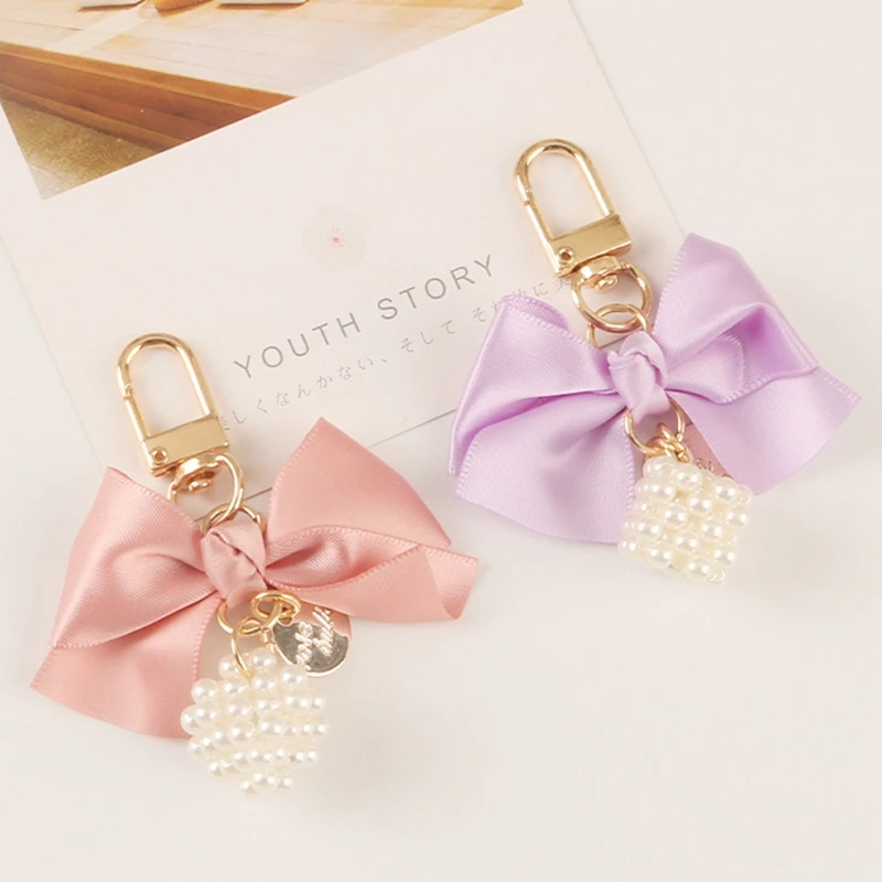 Kawaii Metal Keychain Sweet Satin Bowknot Pearl Magic Cube Keyring Women Lovely Chain Pendant Key Holder Jewelry Girl Gifts