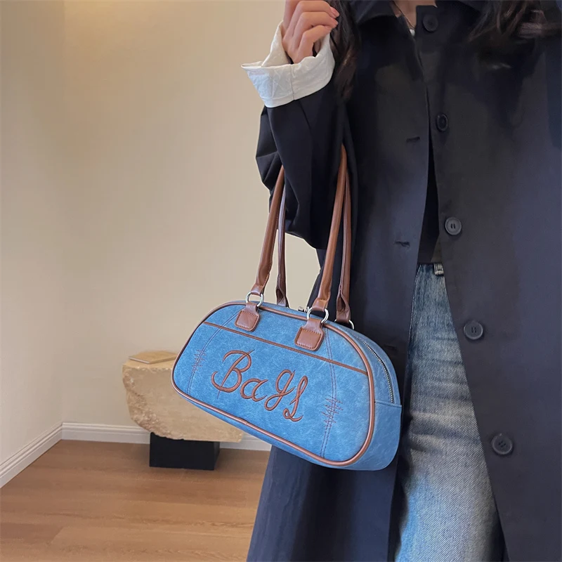 MOODS Retro Bowling Shoulder Bags For Women Letter Embroidery Solid Color Long Handle Boston Bag 2023 Luxury Designer Handbags