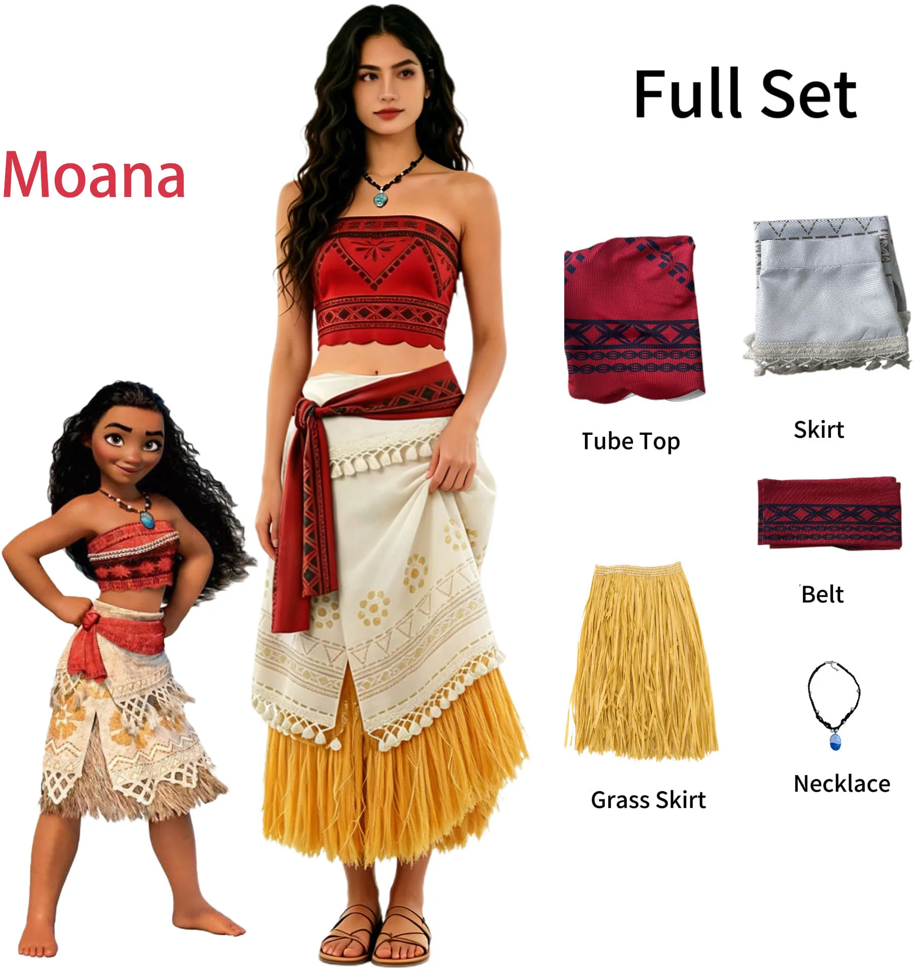 Disfraz Completo de Moana para Mujer, Top sin Tirantes, Falda Larga de Hierba, Cinturón, Collar, Traje para Halloween y Carnaval