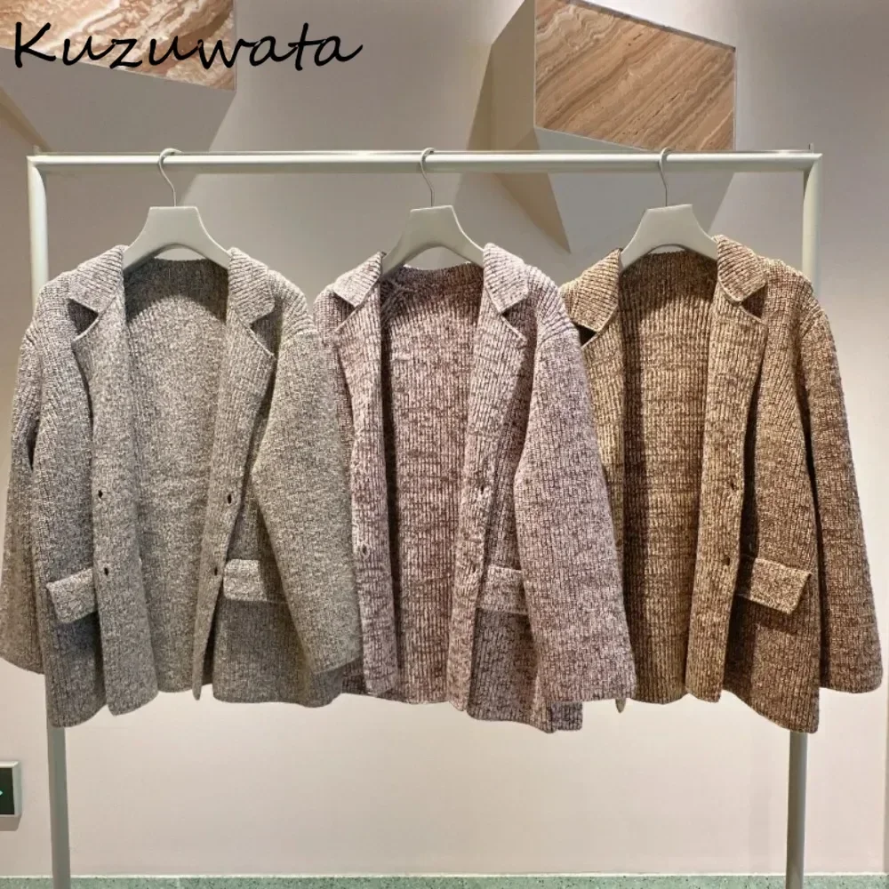 Kuzuwata Moda Turn-down Collar Sweet Loose Cardigan Lazy Knit Double Breasted All-match Jumper Japan Vintage Harajuku Sweaters