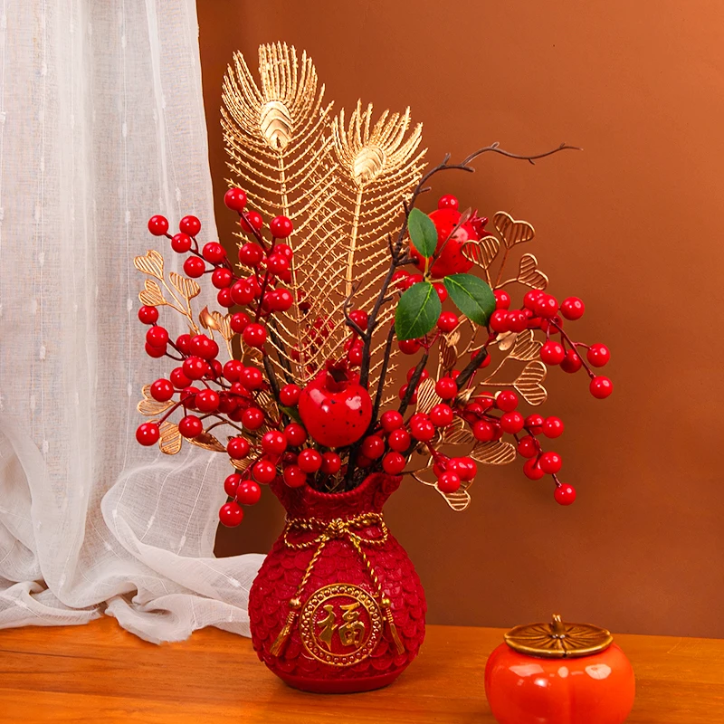 Adorno de Año Nuevo: Flor Artificial de Fruta de la Abundancia, Fruta Roja de Invierno, Bolsa de Dinero, Florero, Adorno de Granada Falsa