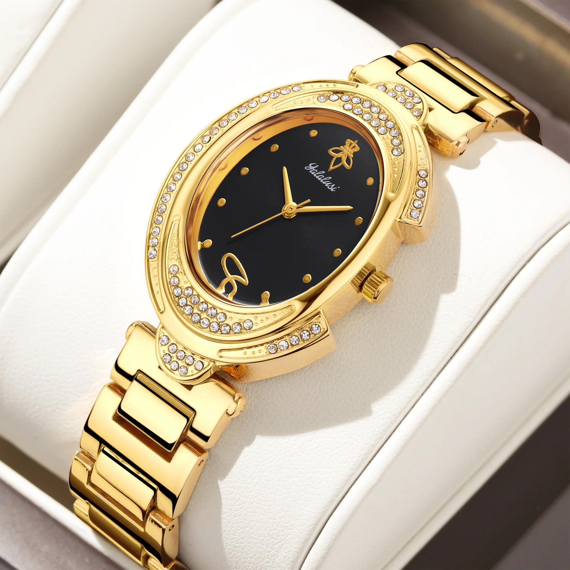 

YaLaLuSi Brand Best Seller New Women's Watch Oval Gold Case Silver Dial Crystal Diamonds Luxury Ion Plating Gift Box Regulator