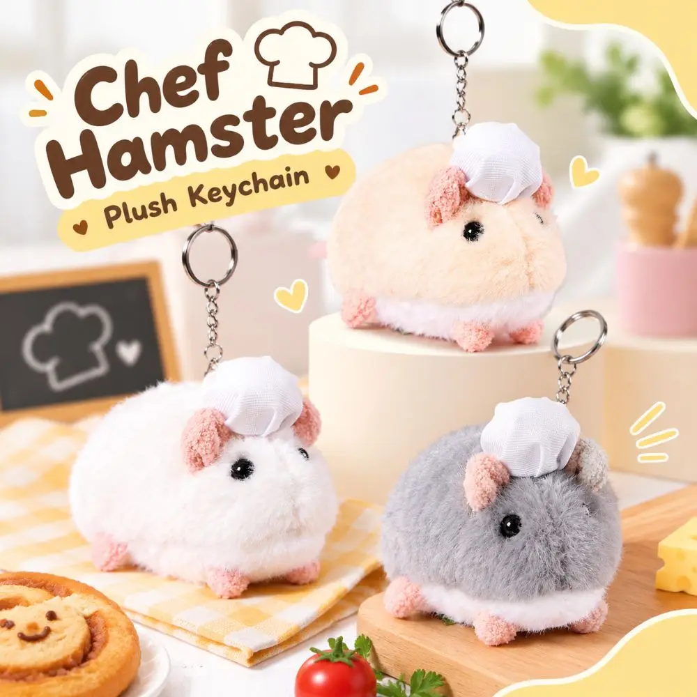 New Chef Hat Hamster Plush Keychain Simulation Soft Fuzzy Cartoon Mouse Pendant Stuffed Animal Keychain Cute Gifts