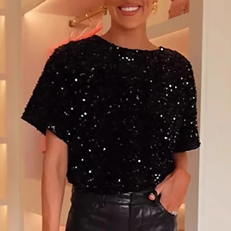 Sexy Glitter Sequin Sparkling Shiny Party Blouse Women Elegant O Neck Back Button Top Pullover Autumn Velvet Glitter T-shirt