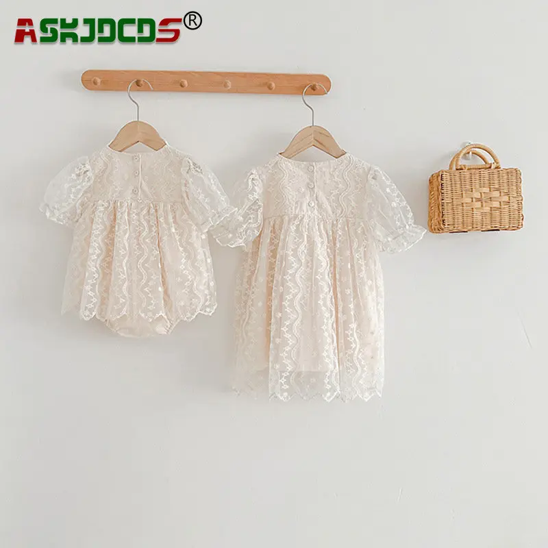 

Summer Kids Children Dresses Sisters Outfits Infant Baby Girls Short Sleeve Lace Cotton Outdoor Clothing One-pieces Bodysuits