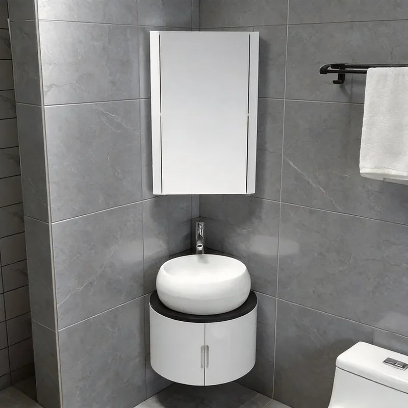 for Small Apartment Triangular Bathroom Cabinet Right Angle Corner Round Hand Washbasin Floor Hanging Mirror Cabinet