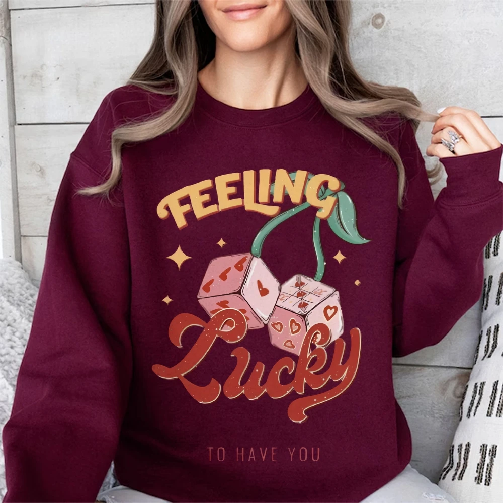 

Trendy Women’s Sweatshirt Feeling Lucky Sweatshirts Women Dice Graphic Hoodie Vintage Inspired Cherry Jumper Retro Graphic Tee