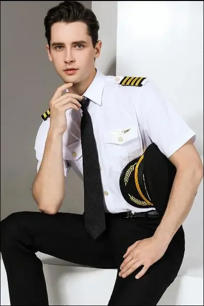 Aircraft Captain Uniform Pilot Shirt Summer Men  Blouse White Crew Commander Work