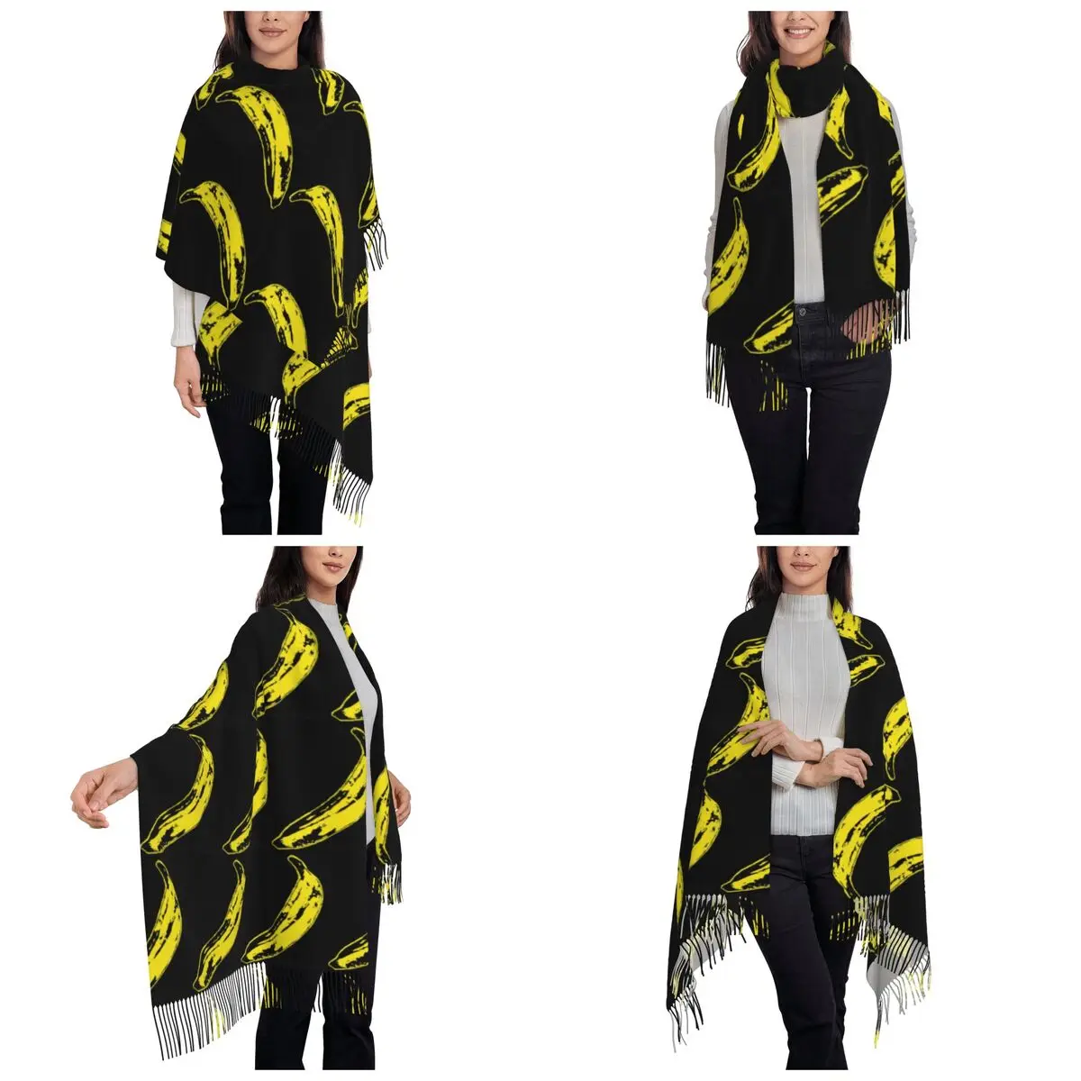 آندي وارهول غروب الشمس القط الماشية الموز وشاح شرابة الأوشحة للنساء شالات دافئة لينة ويلتف طويل الخريف الشتاء شال التفاف