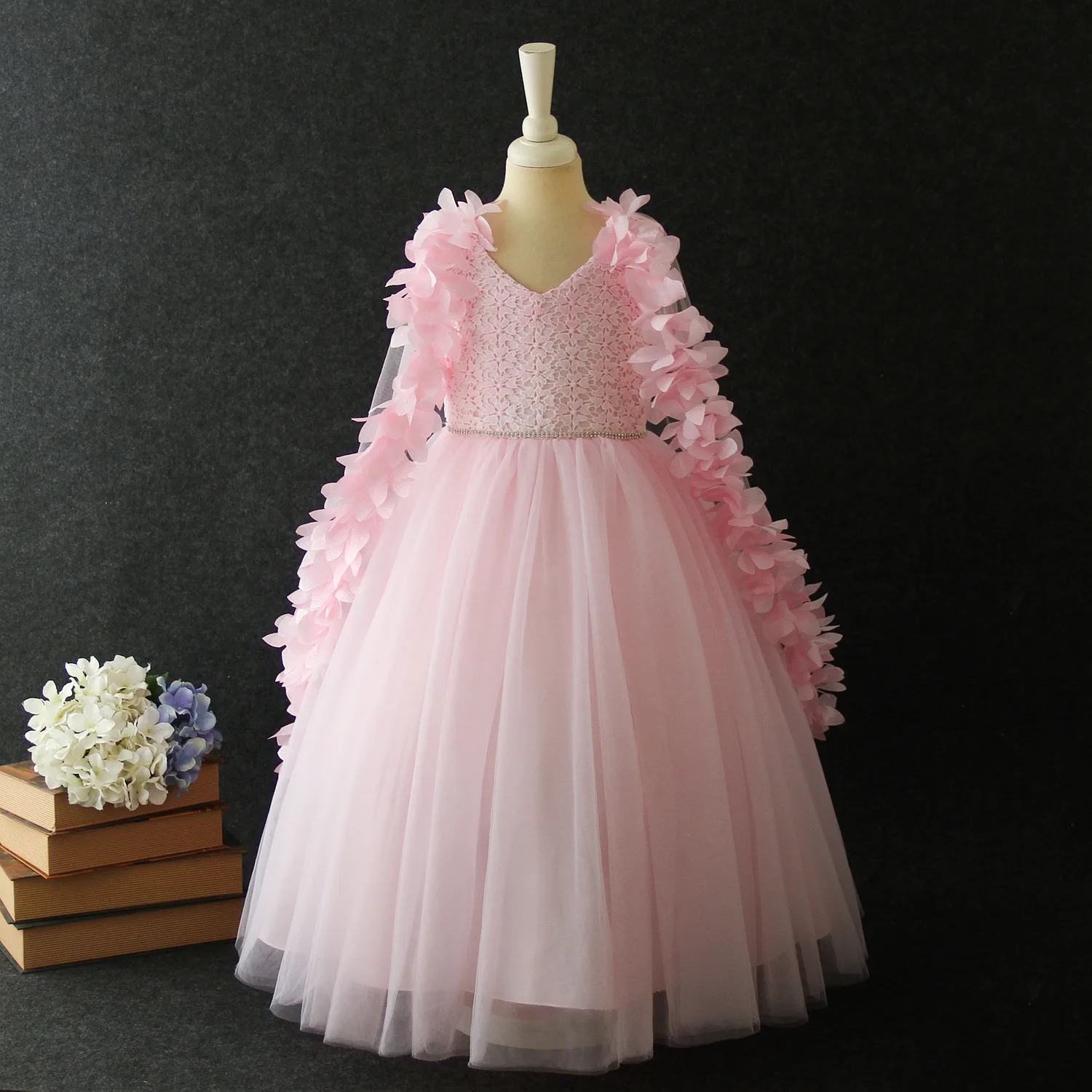 Lace Baby Flower Girl Dresses V-neck Pink white flower With Bright diamond Children Princess Prom Birthday Show Kids Gowns