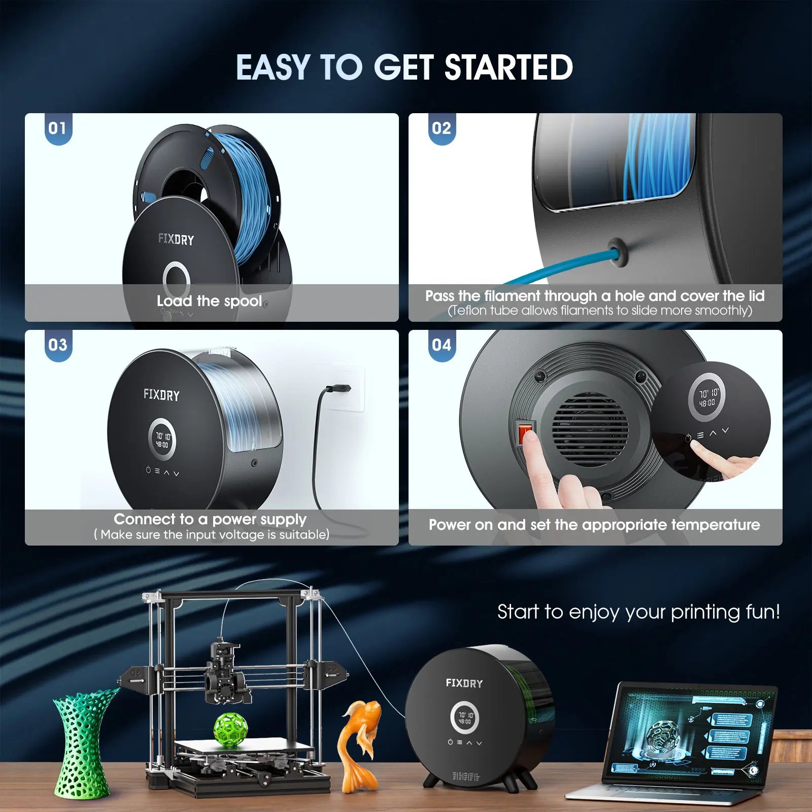 FIXDRY NT2 Filament Dryer with Fan Touch Screen Filament Dry Box 1KG PLA PETG ABS TPU Filaments Dehydrator Storage Box