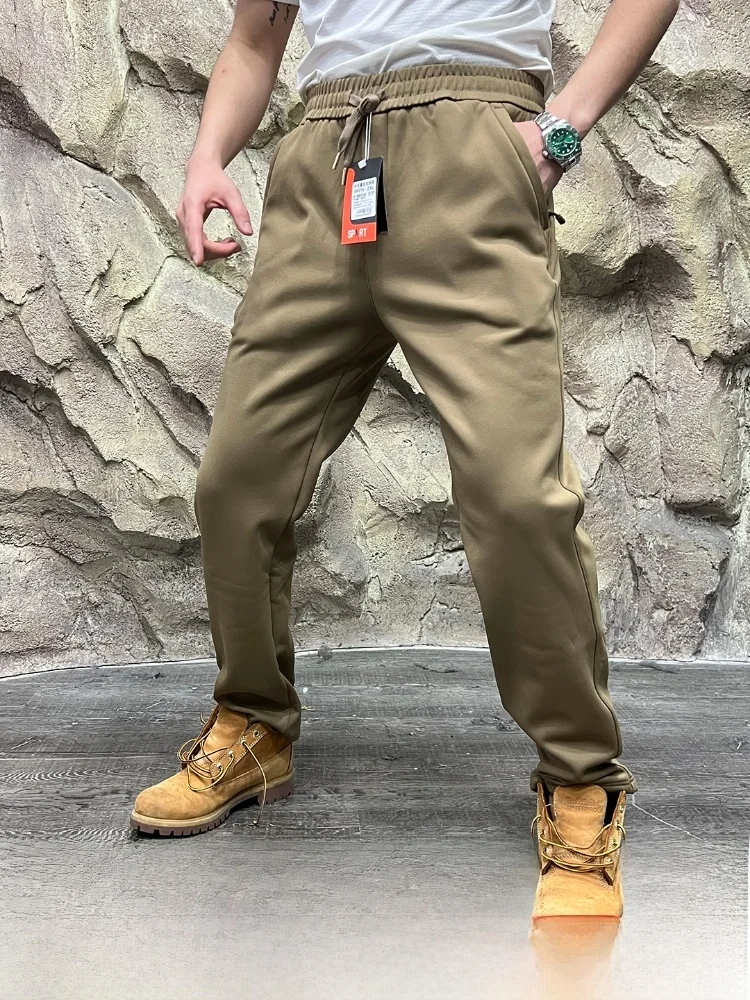 

Мужские повседневные брюки из смеси шерсти и шелка, водонепроницаемые прямые брюки на подкладке, осень-зима, теплые ветрозащитные эластичные манжеты