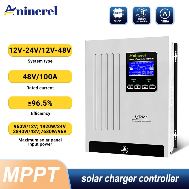 

Aninerel 100A MPPT Solar Charge Controller 12V 24V 36V 48V Battery Charger Max 150V Back-light LCD Solar Regulator