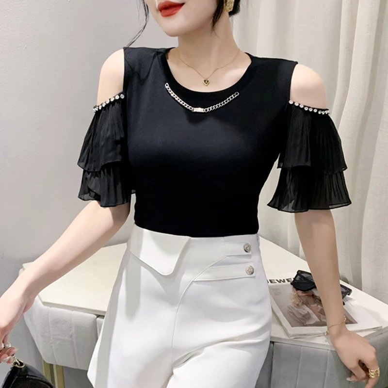 Ele ort Sve المرأة تي شيرت oulder Bared سليم صالح الأزهار الدانتيل الصيف جديد Sle الأوروبي Faion مثير الأعلى