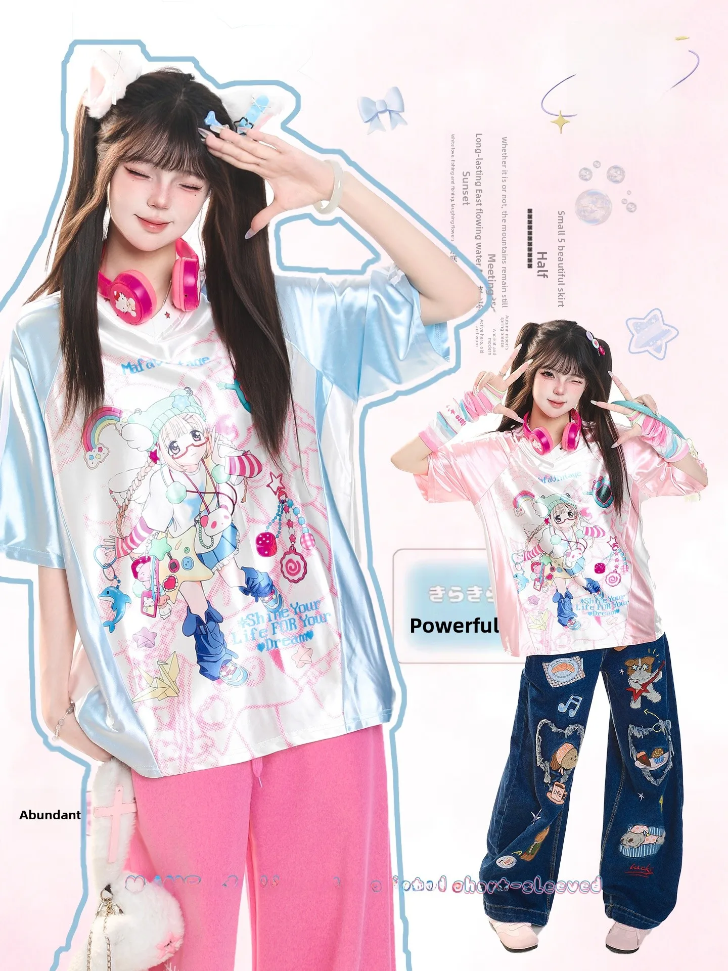 Cute Cartoon Anime Print Short Sleeve T-Shirt Women's Summer Casual Oversize Versatile Youthful Top Flip Collar Other Material