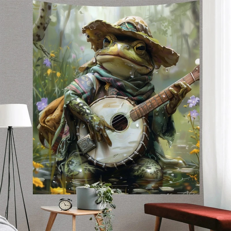 Vintage Boho Frog Tapestry Green Music Plant Floral Wall Tapestry Funny Frog Decor Poster Wall Hanging Hippie Kawaii Room Decor