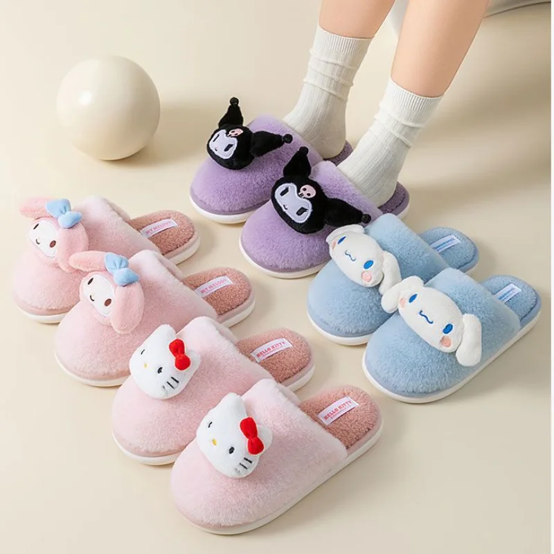 مرحبا كيتي كورومي سينامورول الكرتون النساء الشتاء المخملية سميكة المضادة للانزلاق النعال الاطفال الدفء لينة وحيد المنزل أحذية الملاعب المغطاة