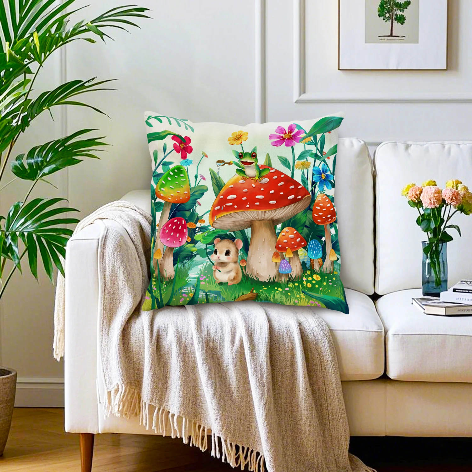 Forest Mushroom Frog Linen Cushion Cover Floral Botanical Garden Pillowcase Whimsical Nature Decor Couch Living Room Bedroom
