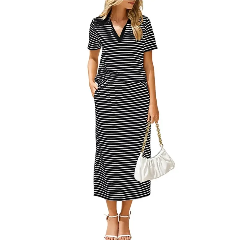 

CYL-Women's Skirt Sets 2 Piece Outfits Summer Casual Striped Short Sleeve Skirt And Top Set