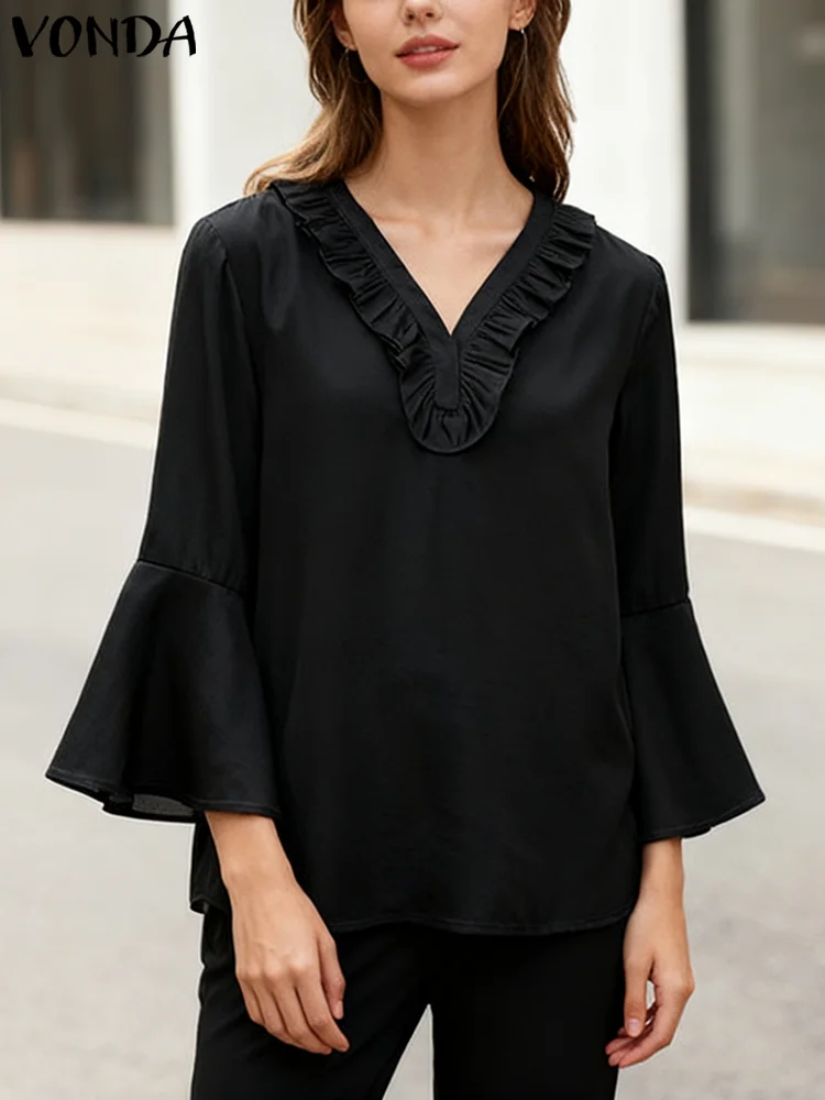 

VONDA модная блузка с рюшами, женские рубашки с расклешенными рукавами 3/4, с v-образным вырезом, однотонные повседневные топы, осень 2025 г., офисные женские Blusas Femme