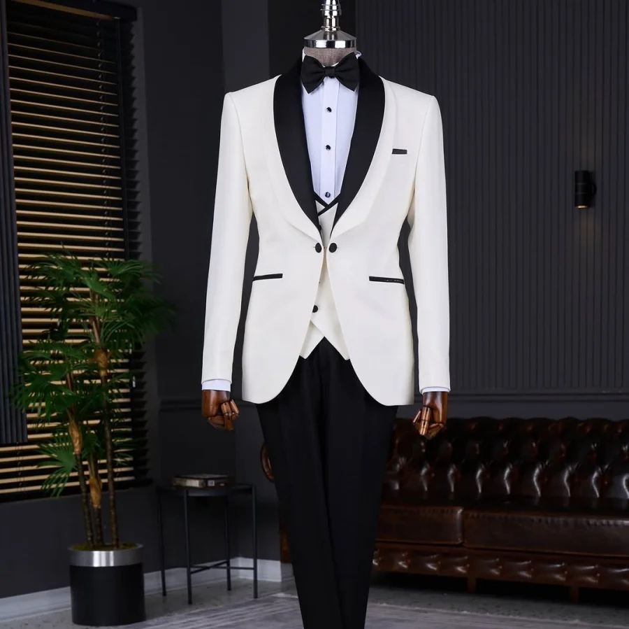 

Ivory Blazer Black Pants Fashion Groom Tuxedo for Wedding Party Customized Special Occasion Single Breasted Suit Male