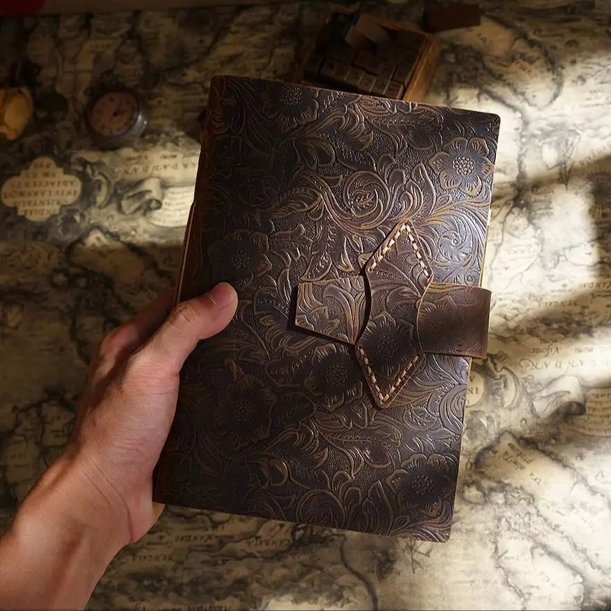 A5 Vintage Crazy Horse Leather Journal, 200 Sheets Blank Kraft Paper Notebook, Handstitched Travel Diary for Sketch Writing Gift