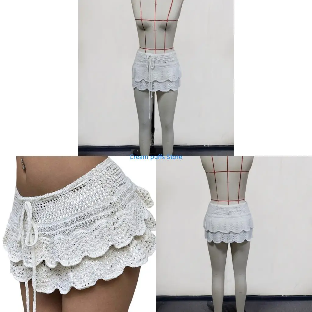 50LE Womens Drawstring Low Waist Crochet Tiered Ruffle Beach Mini Skirt Hollow Out Knit A-Line Swimsuit Cover Up Short Skirt
