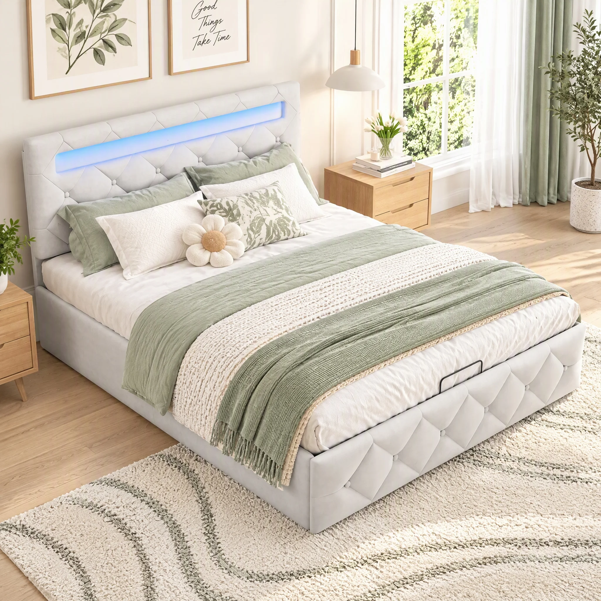 Telaio per letto matrimoniale imbottito Anajqaqia, dimensioni 160x200 cm, con sistema di contenitore a gas, testiera regolabile in altezza su due livelli, rivestimento in velluto, colore albicocca,