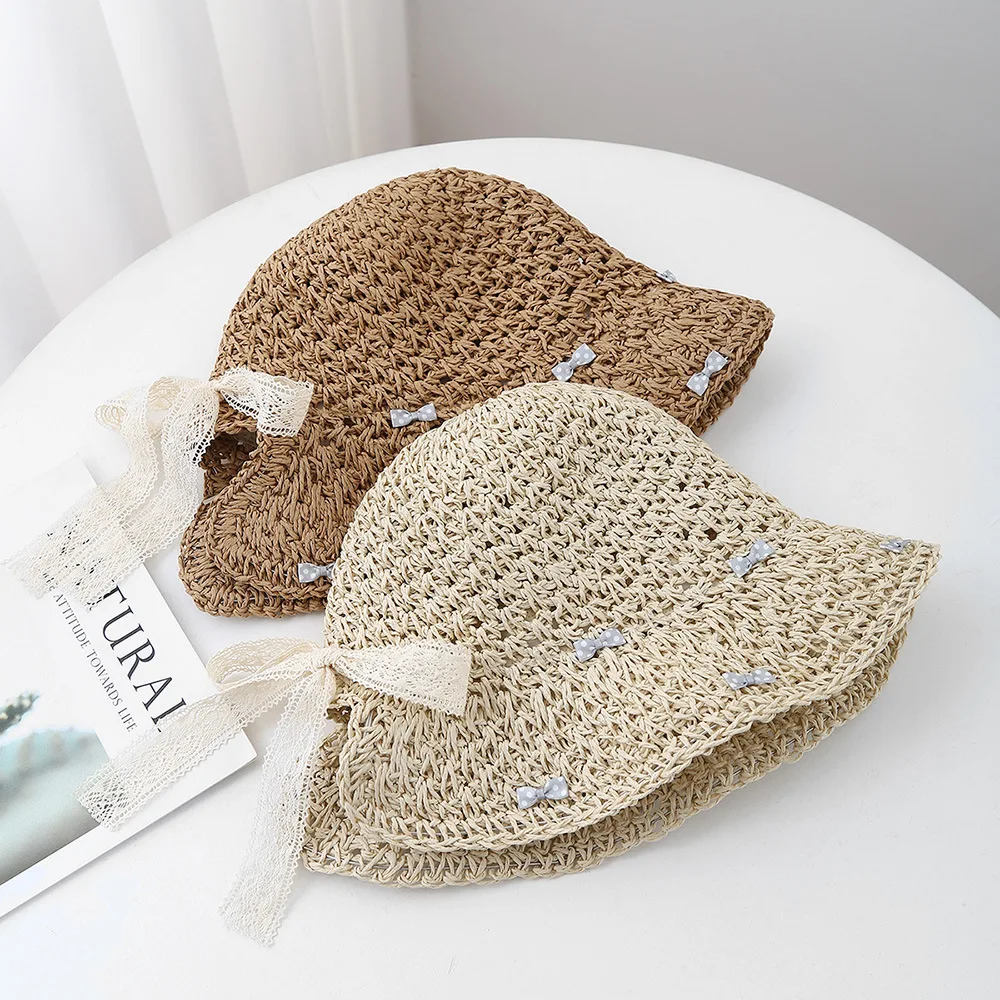 หมวกถังหญิงหมวกฤดูร้อนสําหรับผู้หญิงที่มีโบว์พับม่านบังแดดกลางแจ้งหวานอาทิตย์หมวกลําลอง Sunhat