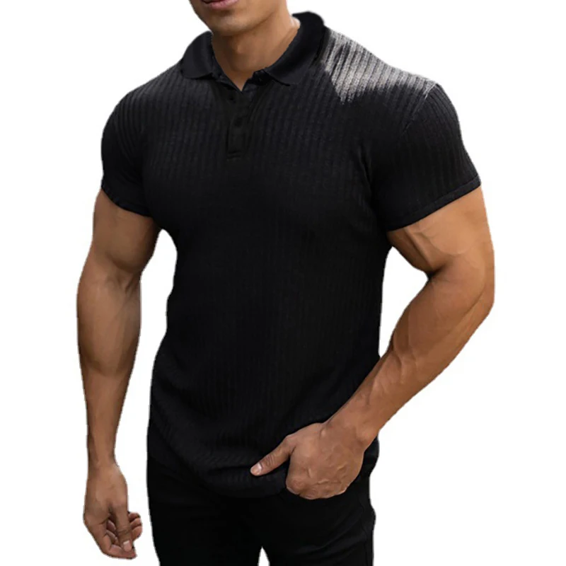 

Knitted Running Polo Shirt Men Fitness Skinny Autumn Bodybuilding Gym Sports Fashion Casual Breathable Gym Short Sleeve T-shirt