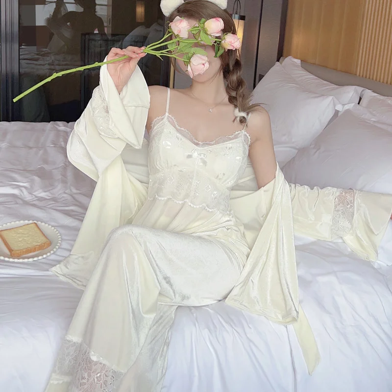 Velour Lace Ice Silk 3pc Sleepwear Set Women Bathrobe Pajamas Home Clothes Velvet Pajamas Suit Casual Lingerie Nightshirts