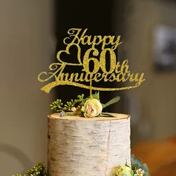 60th Anniversary Cake Topper Gold Glitter, 60 Wedding Anniversary Party Decoration Ideas, Sturdy Doubled Sided Glitter, Acrylic