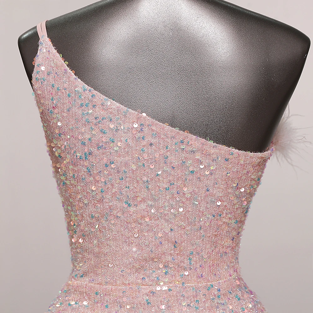 One-Shoulder Sequins Long Mermaid Pink Side Slits Fur Collar Evening Dress Women Prom Party Dresses robes de soirée Bride Dress