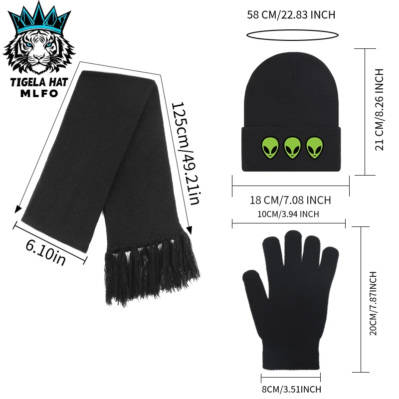 3PC Knit Beanie Scarf Glove Set, Alien Head Graphic Print, For Daily Winter Use, Holiday Gift & Casual Outdoor Activity